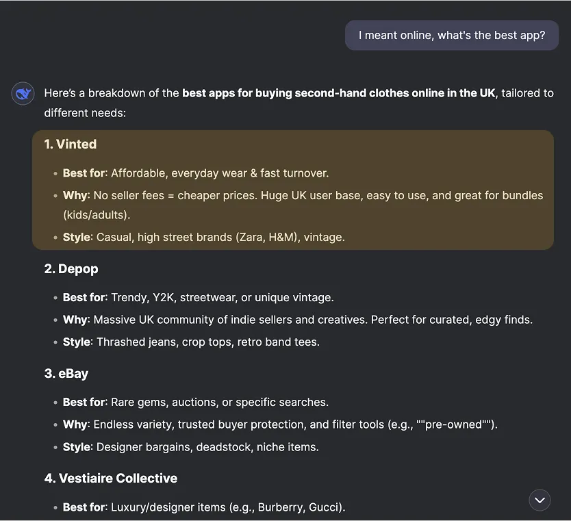 Screenshot of DeepSeek R1's interface comparing top second-hand clothing apps in the UK, including Vinted, Depop, and eBay