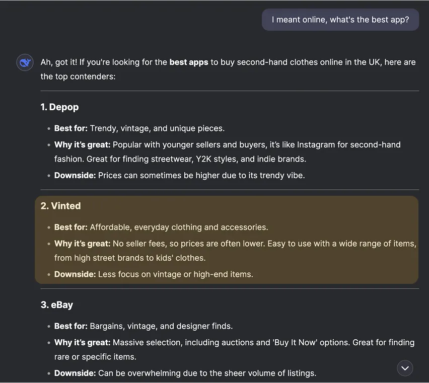 Screenshot of DeepSeek V3's interface comparing top second-hand clothing apps in the UK, including Vinted, Depop, and eBay