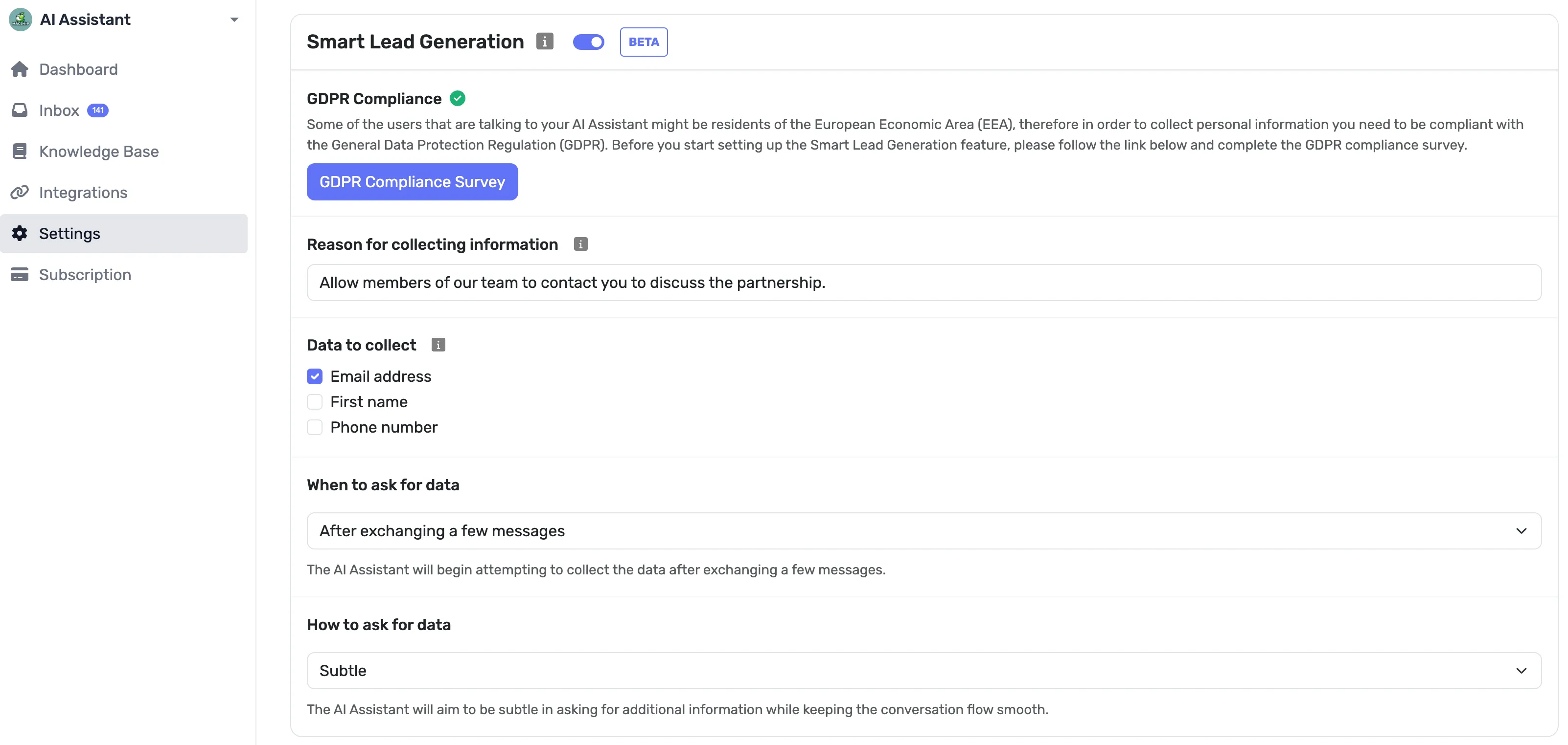 A screenshot of the Smart Lead Generation feature in the
Settings.