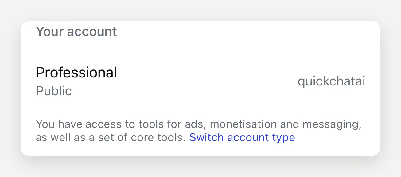 The Instagram app Account type screen showing the account set to Professional and Public, with a note that this unlocks tools for ads, monetisation and messaging