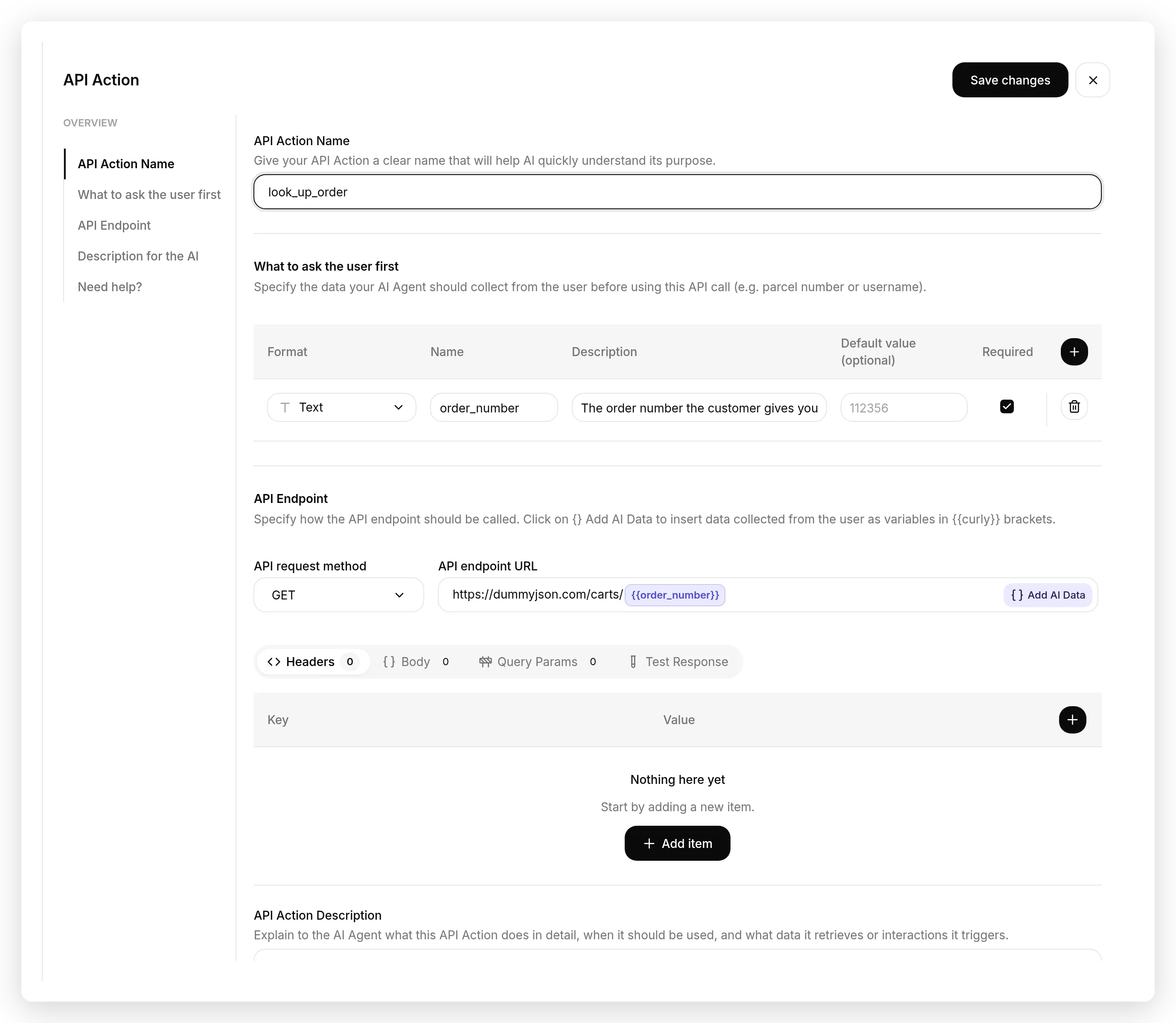 The look_up_order action editor: the API Action Name, the order_number parameter it collects, and a GET request to the DummyJSON carts endpoint with the order number inserted as a chip