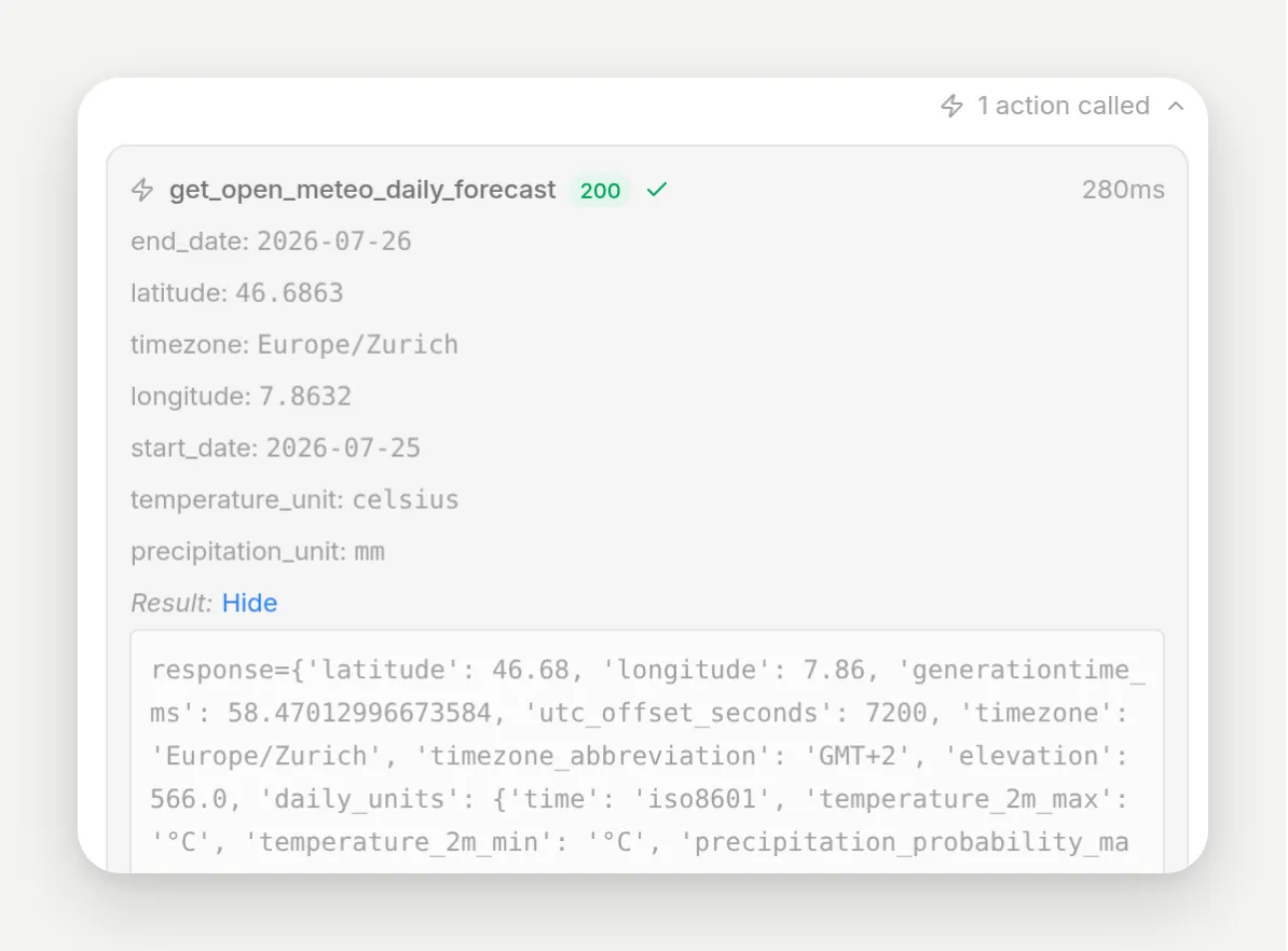The expanded action-call card showing the action name, HTTP 200, 280 ms, every model-filled parameter, and the JSON result