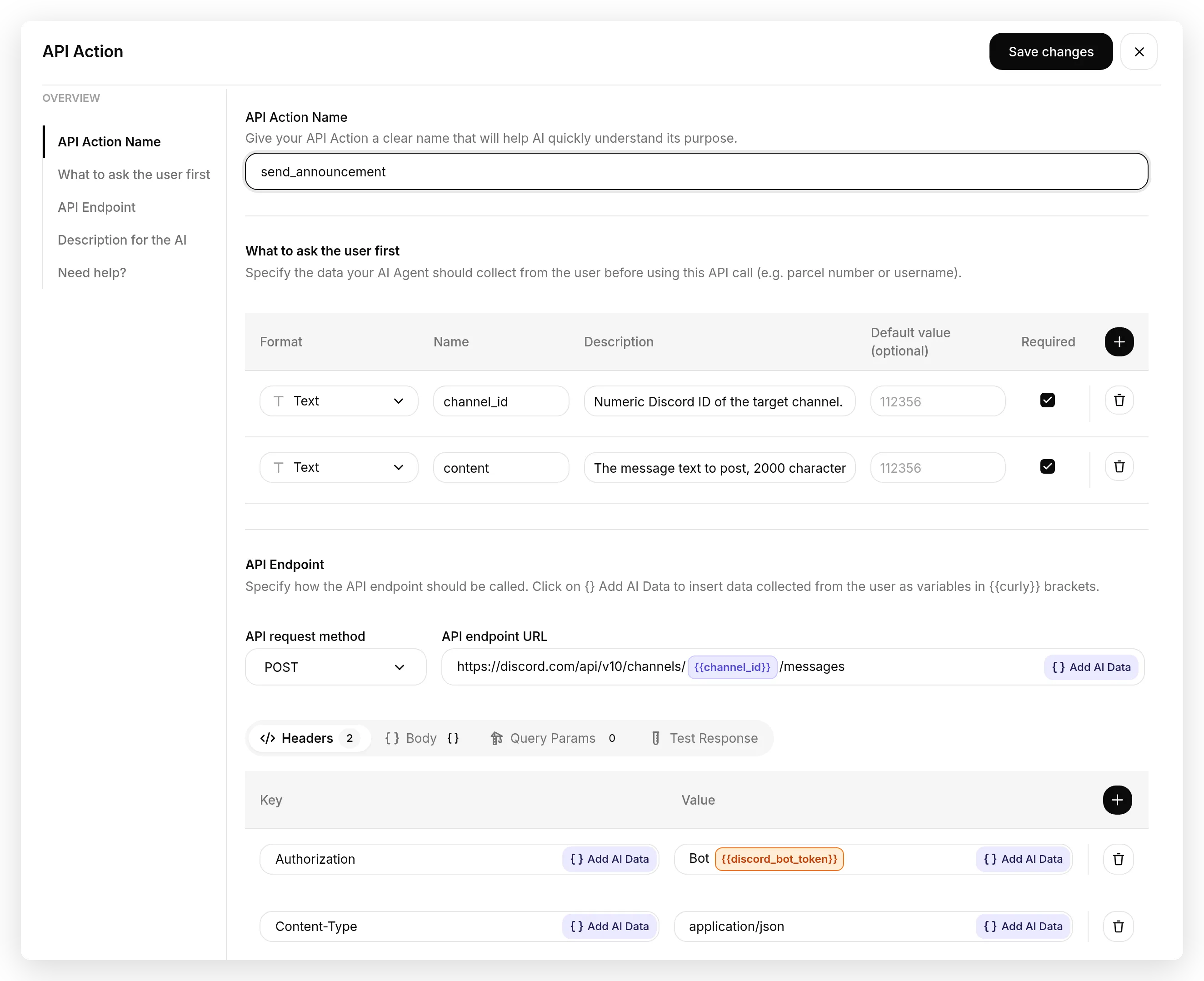 The send_announcement action configured in the Quickchat dashboard