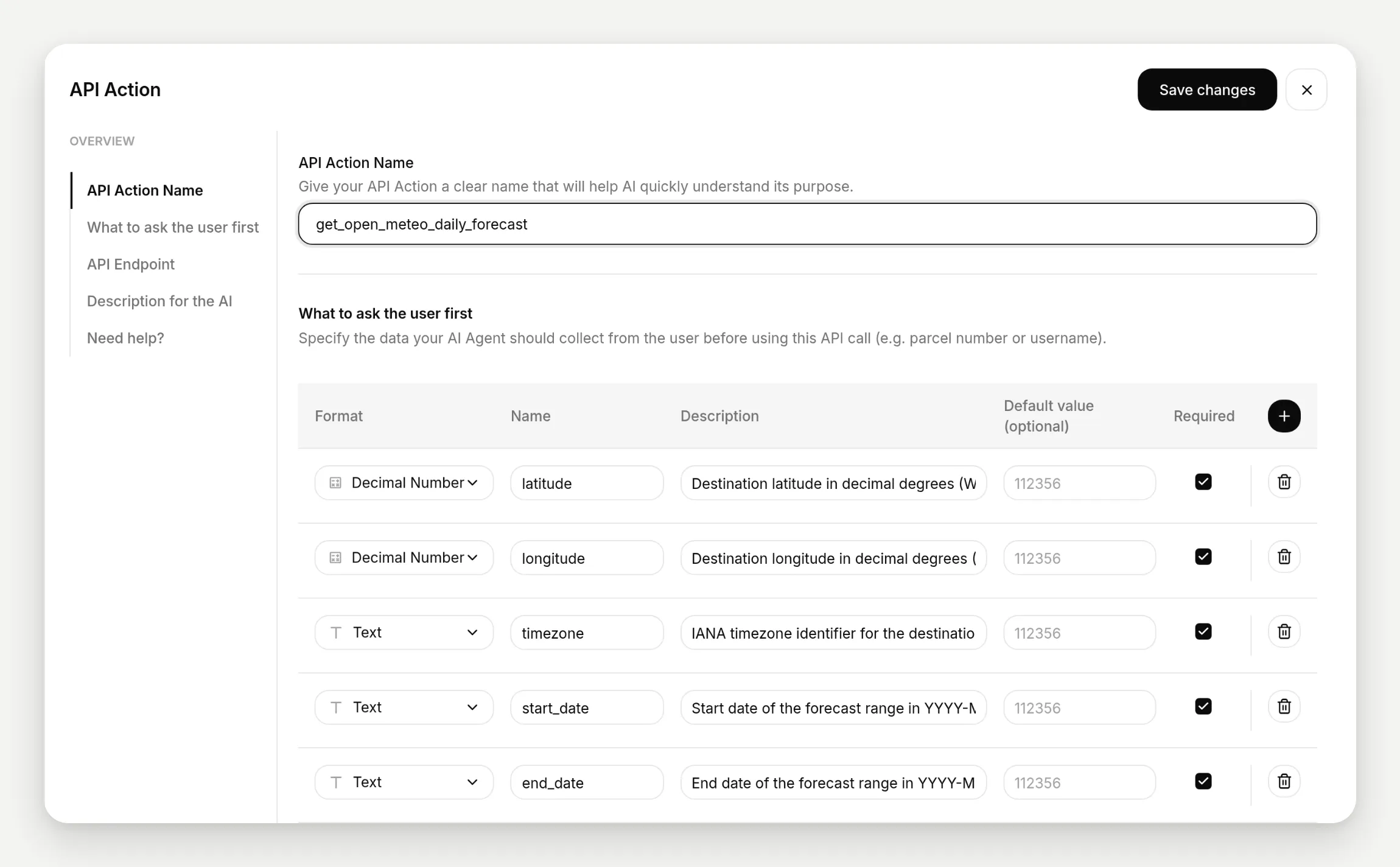 The action editor showing the generated name, the parameter table, and the API endpoint fields