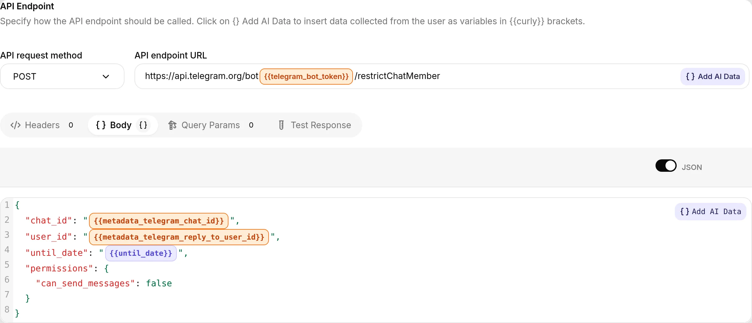 The API Action editor for tg_mute_member, method POST, the restrictChatMember endpoint URL with the telegram_bot_token badge, and the JSON Body showing chat_id and user_id metadata chips, the until_date parameter chip, and a permissions object