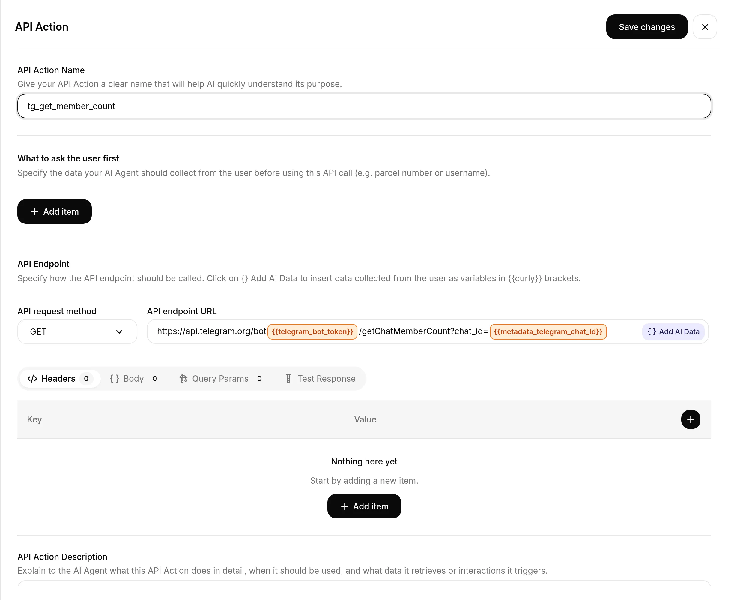 The API Action editor for tg_get_member_count, with the name filled, method set to GET, and the endpoint URL containing the telegram_bot_token and metadata_telegram_chat_id badges