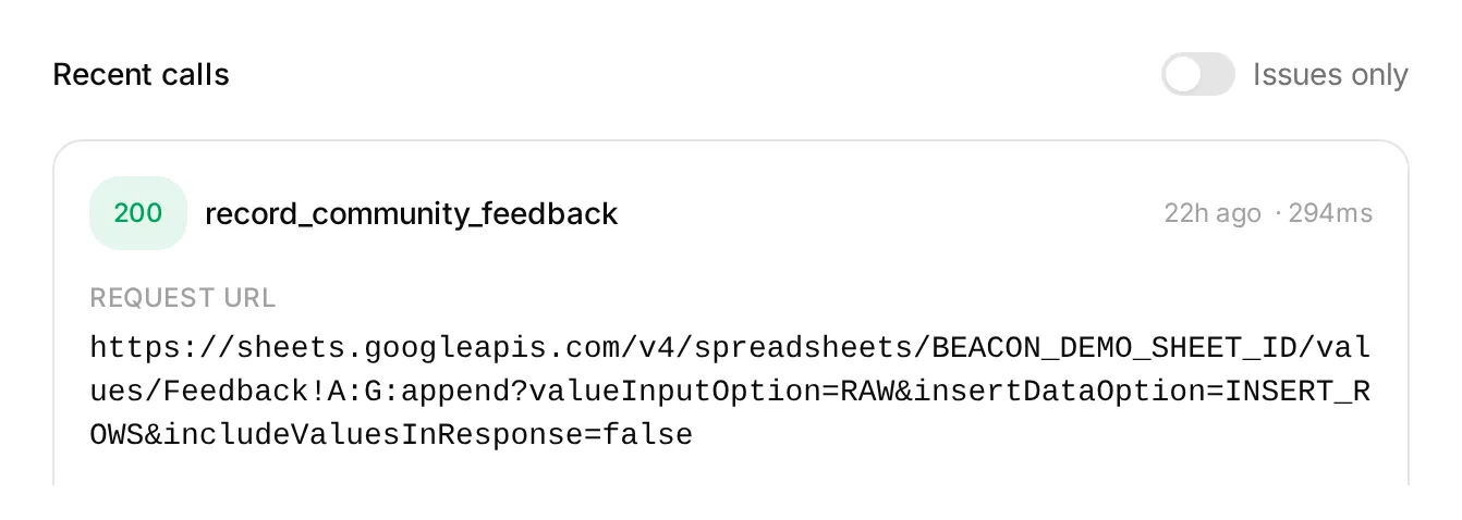 Quickchat AI Action request log showing a feedback append and its request details