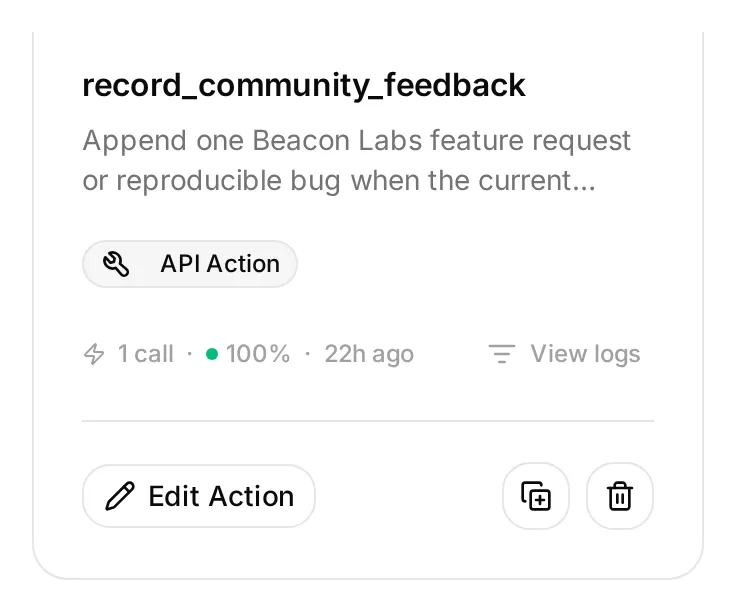 The feedback Action card in Quickchat AI with its View logs button
