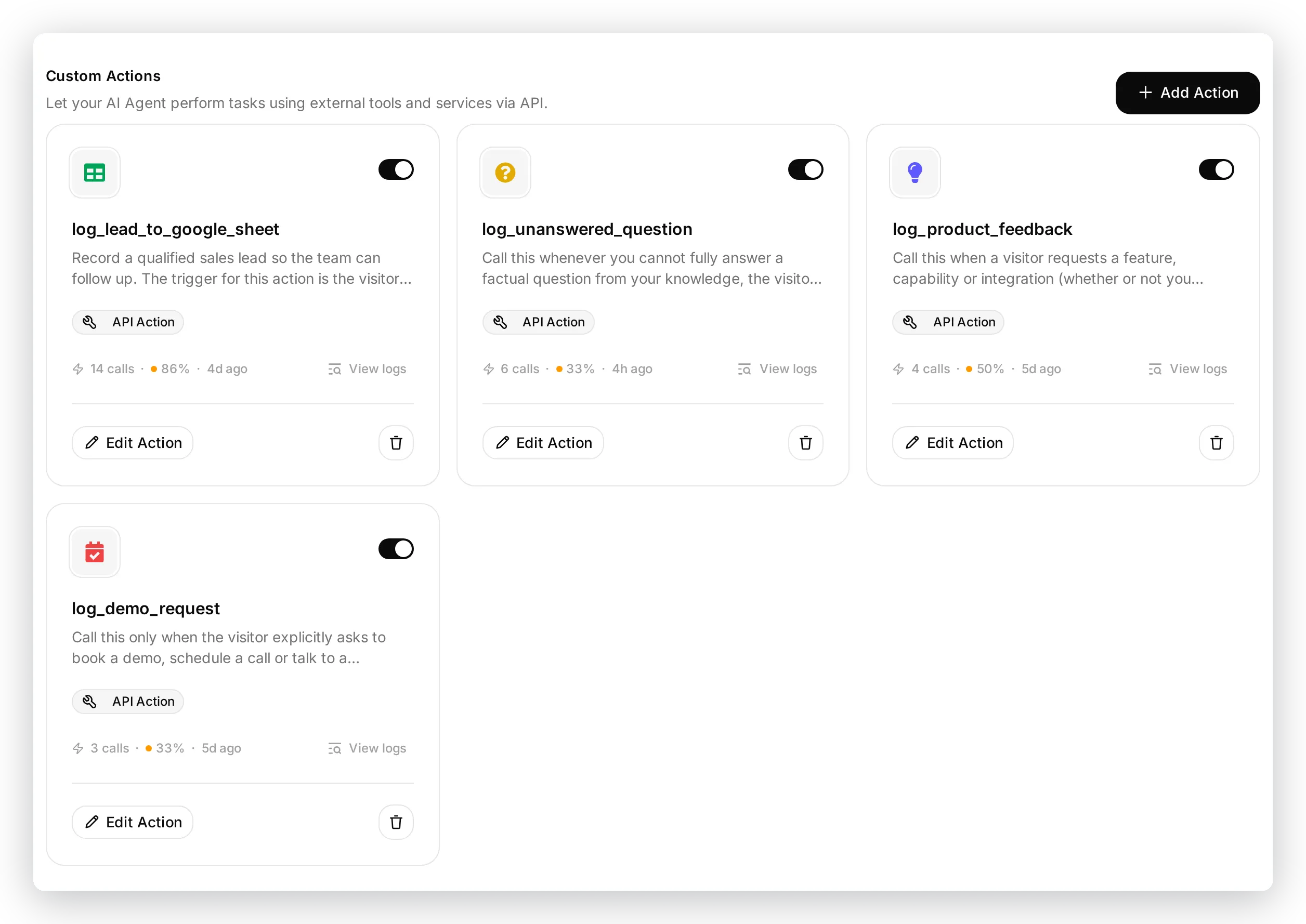 The Actions and MCPs page listing the four reporting actions