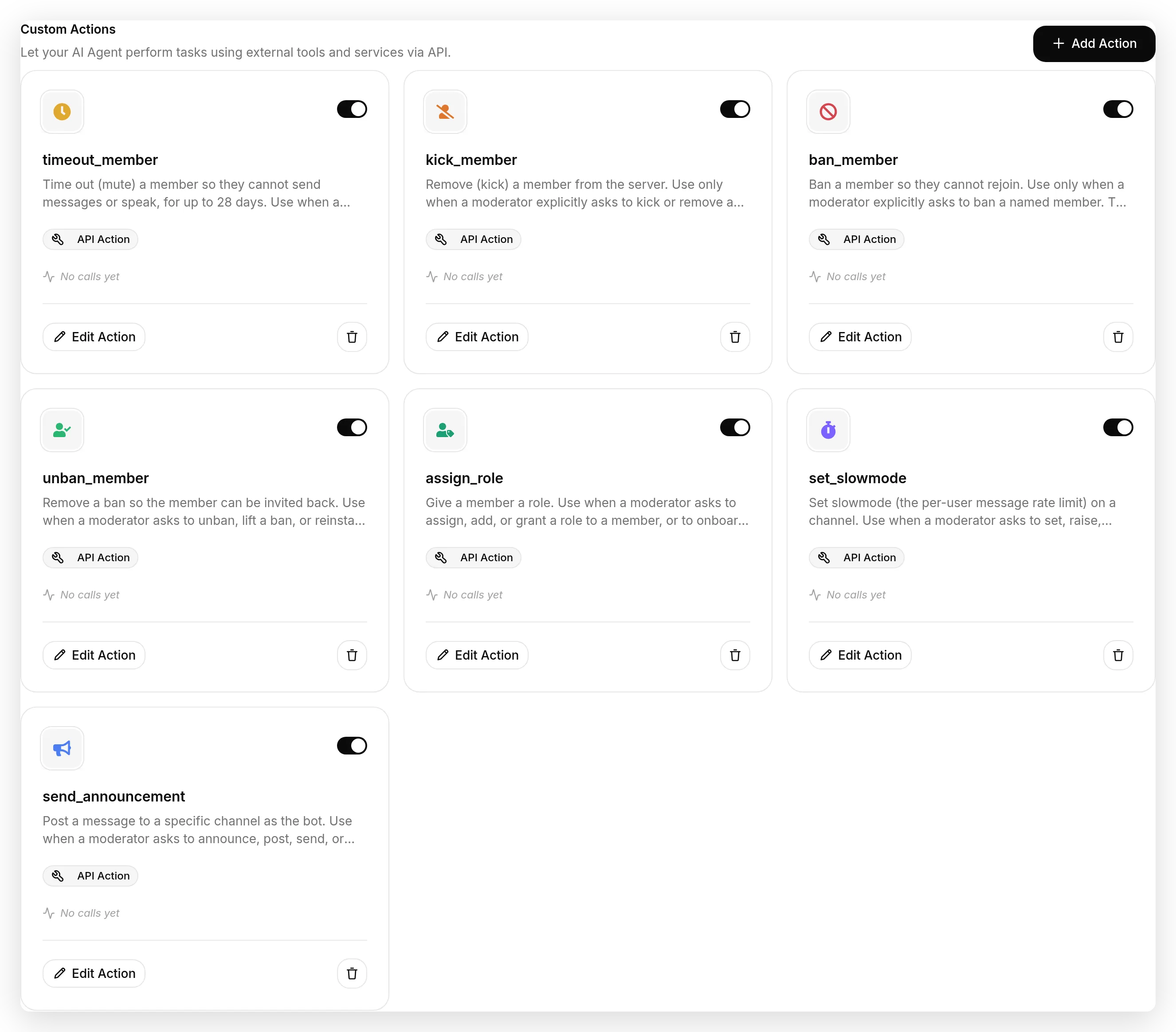 The seven Discord moderation actions in the Quickchat dashboard