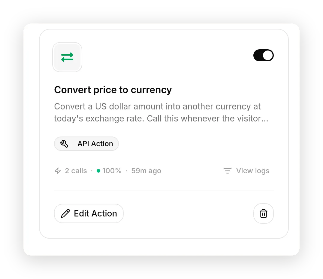 The finished Convert price to currency action on the Actions and MCPs page, toggled on, tagged API Action, and showing a 100 percent call success rate