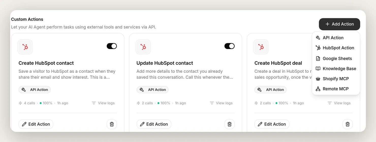 The Actions & MCPs page in Quickchat with the Add Action menu open, showing the HubSpot Action option alongside API Action and the others