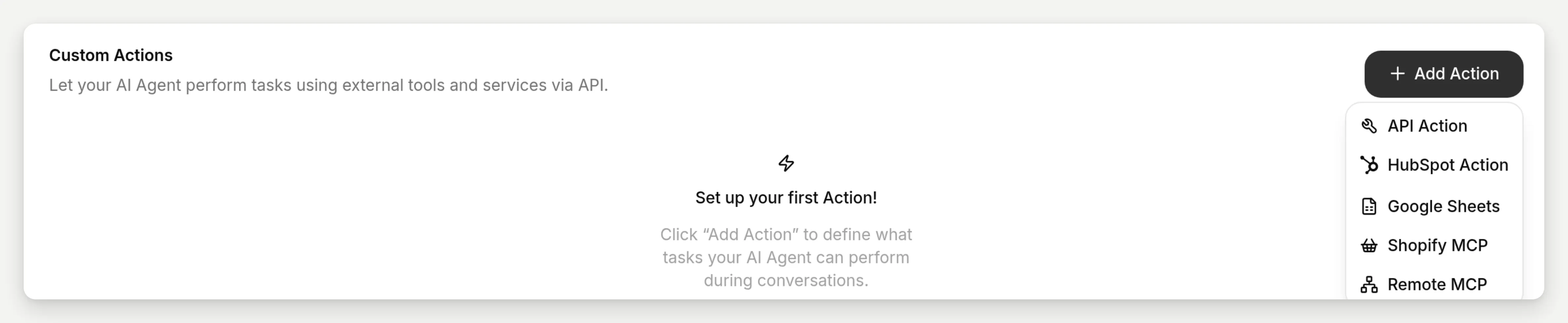 The Add Action menu on the Actions page with API Action as the first item