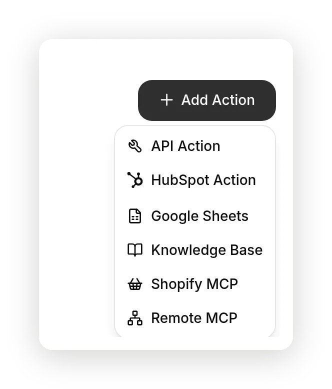 The Add Action menu open on the Actions and MCPs page, with API Action at the top of the list, alongside HubSpot Action, Google Sheets, Knowledge Base, Shopify MCP, and Remote MCP