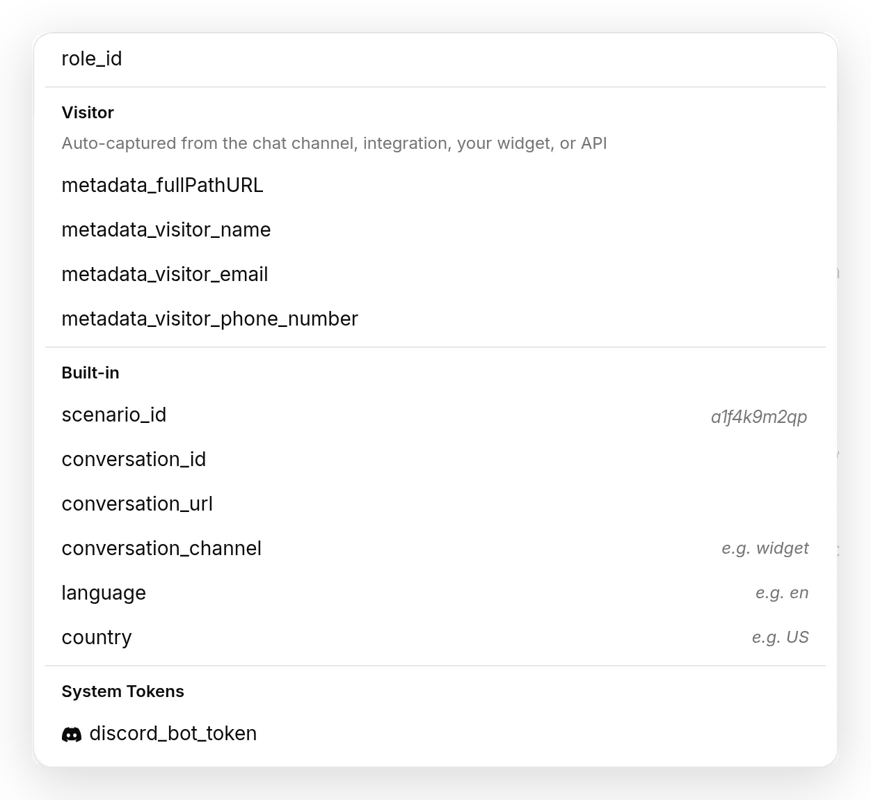 The Add AI Data menu showing the Discord bot token as a System Token