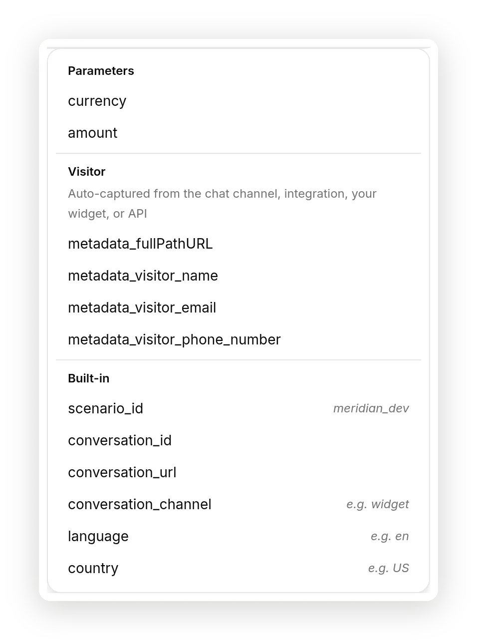 The Add AI Data menu open on a field, listing the action's parameters (currency and amount) under Parameters, then Visitor metadata values, then Built-in variables like scenario_id and conversation_channel