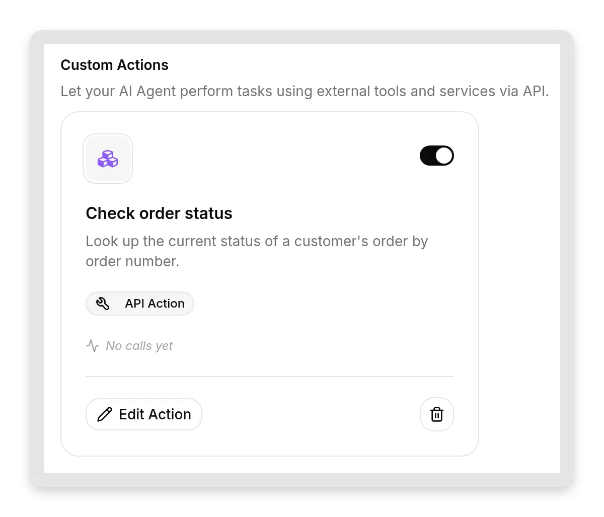 One AI Action added to the free-plan agent, a Check order status request that calls a live API mid-conversation; AI Actions are unlimited on every plan including free