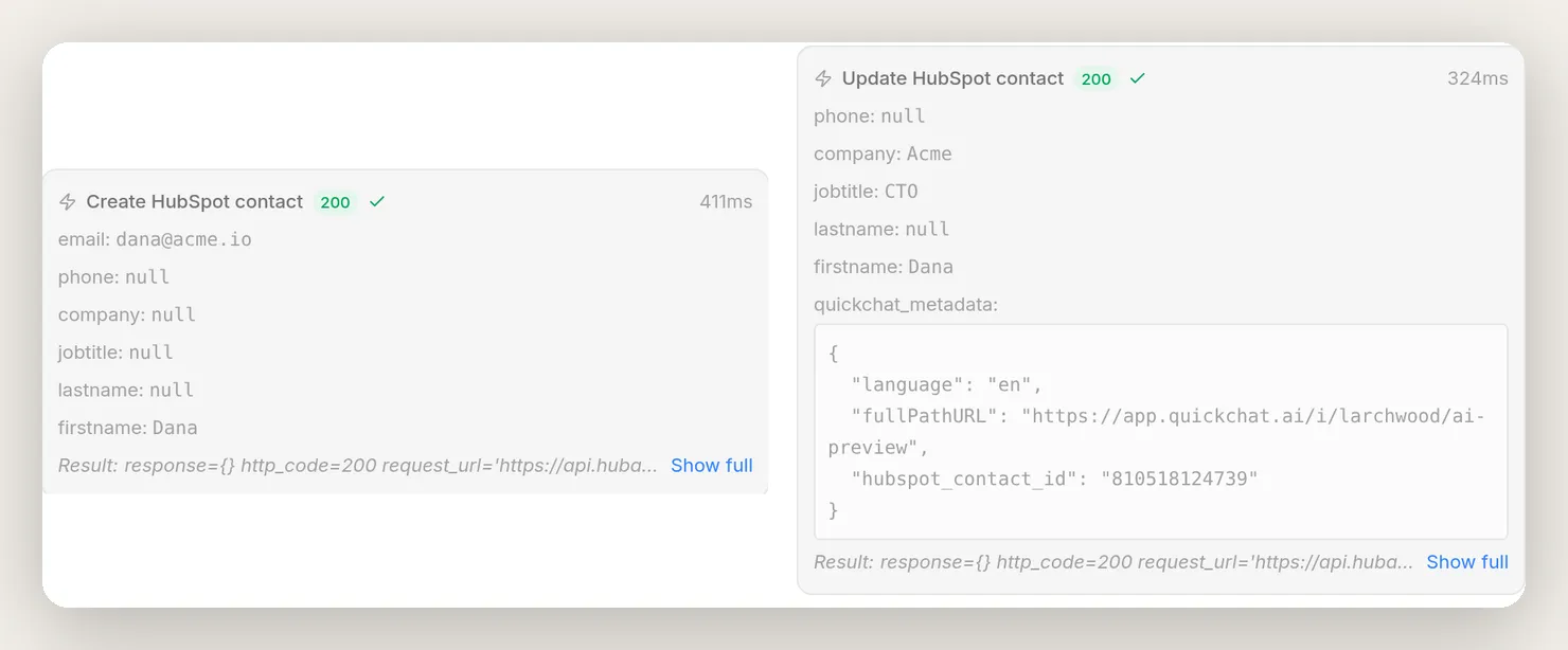 Two action-call cards from one AI Preview conversation: Create HubSpot contact carrying the email and first name, and Update HubSpot contact carrying the job title and company, with the saved contact id visible in its metadata, both returning an empty response with status 200