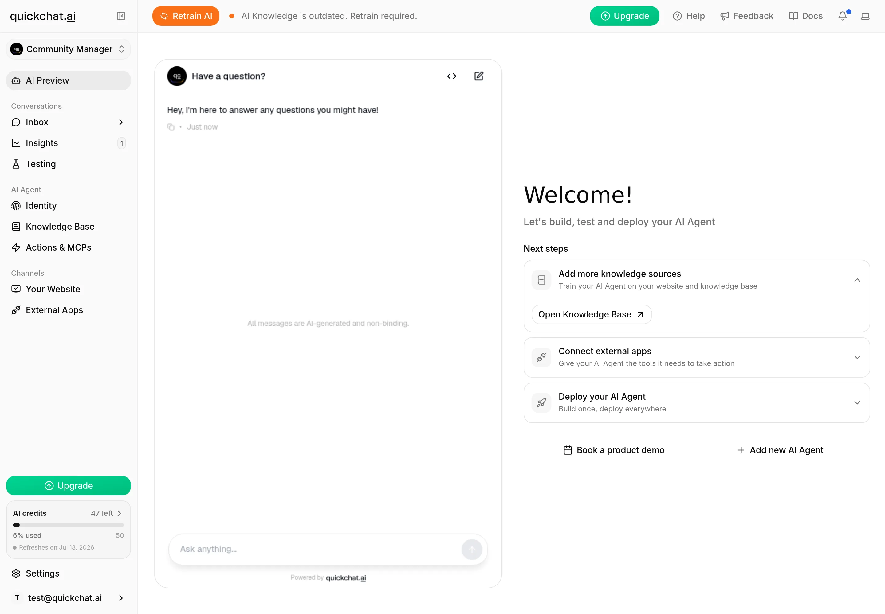 The AI Preview screen, a chat panel where you can talk to your Agent as you tune it, next to the welcome and next-steps panel