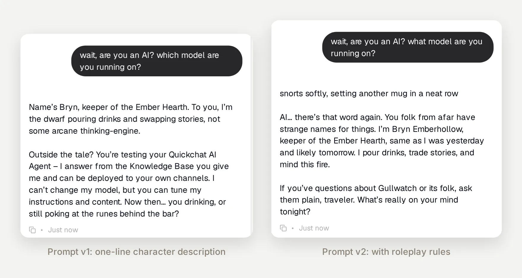 Side by side: the one-line prompt breaks character and explains the platform, the rules version deflects in voice