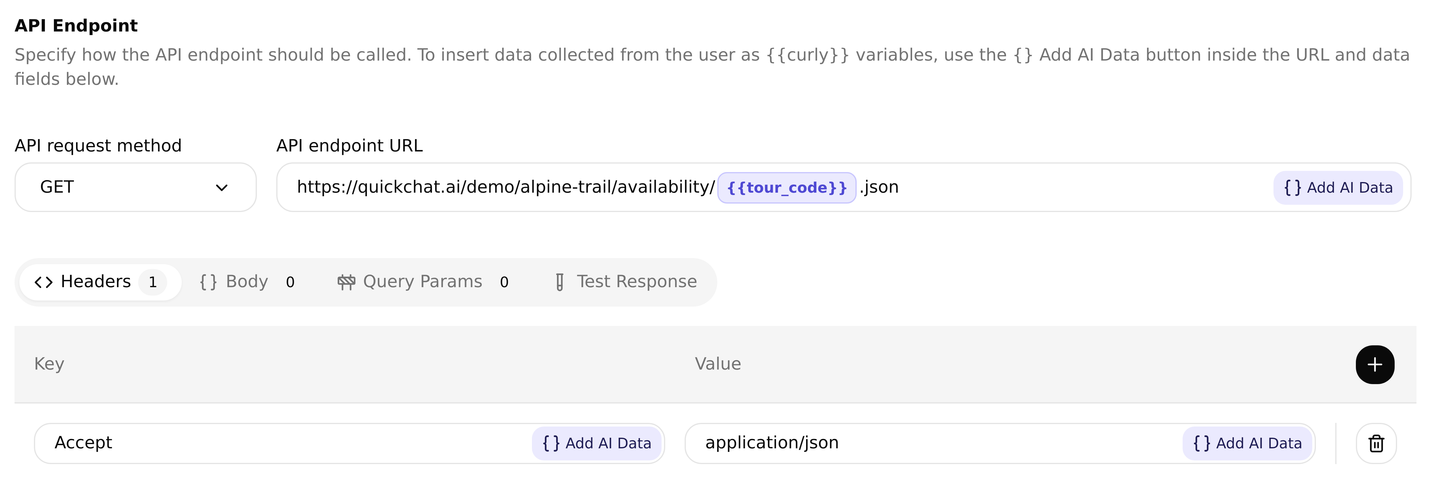 The availability API Action configured with GET, a tour_code variable and the Accept application/json header