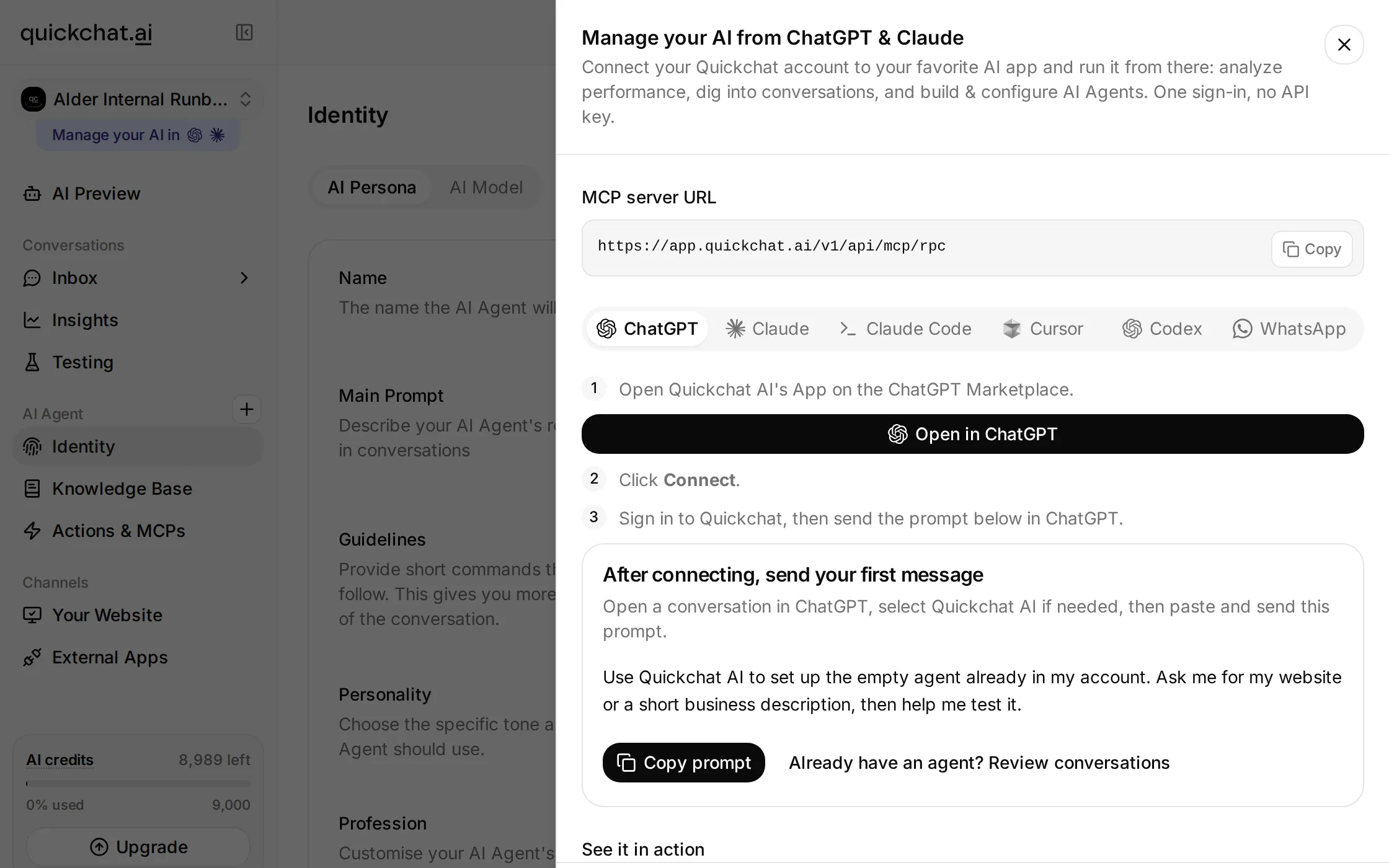 Quickchat AI's account-management connection panel, opened from Manage your AI in beneath the Agent selector
