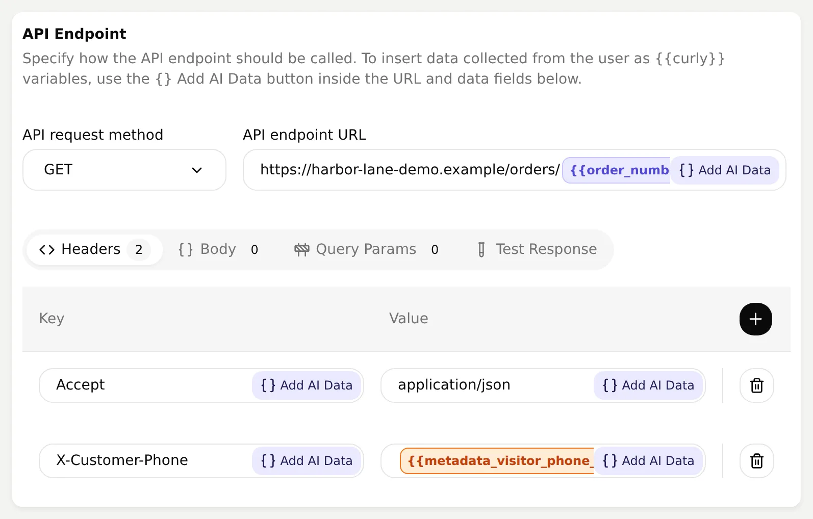 Quickchat AI API Endpoint fields showing the GET request and the order-number and phone placeholders