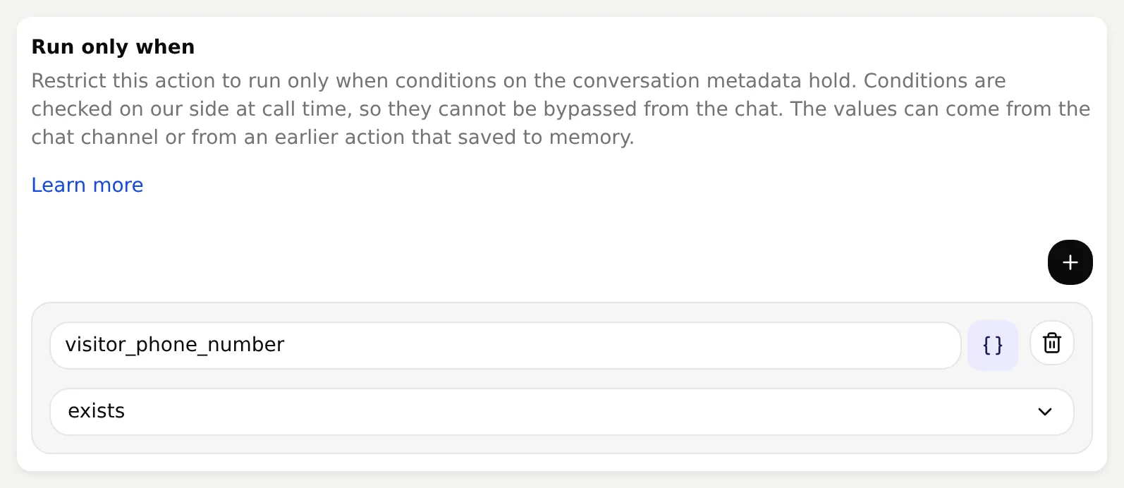 Quickchat AI Run only when condition requiring the visitor phone number to exist