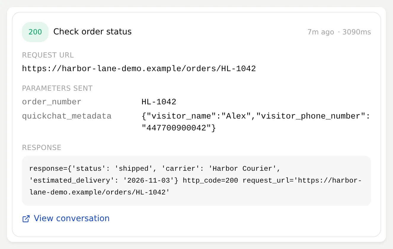Quickchat AI Action call log showing the order lookup and its returned fields