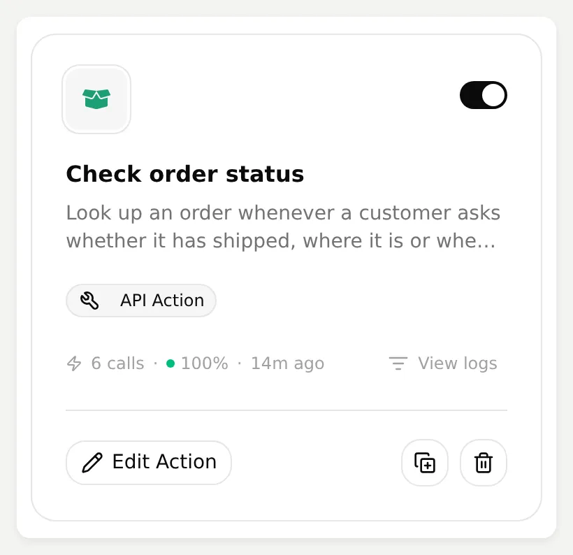 Quickchat AI Check order status Action card with its enabled switch and View logs control