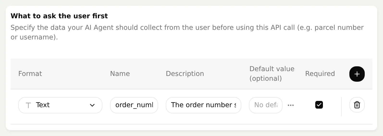 Quickchat AI Action parameter table with required text parameter order_number
