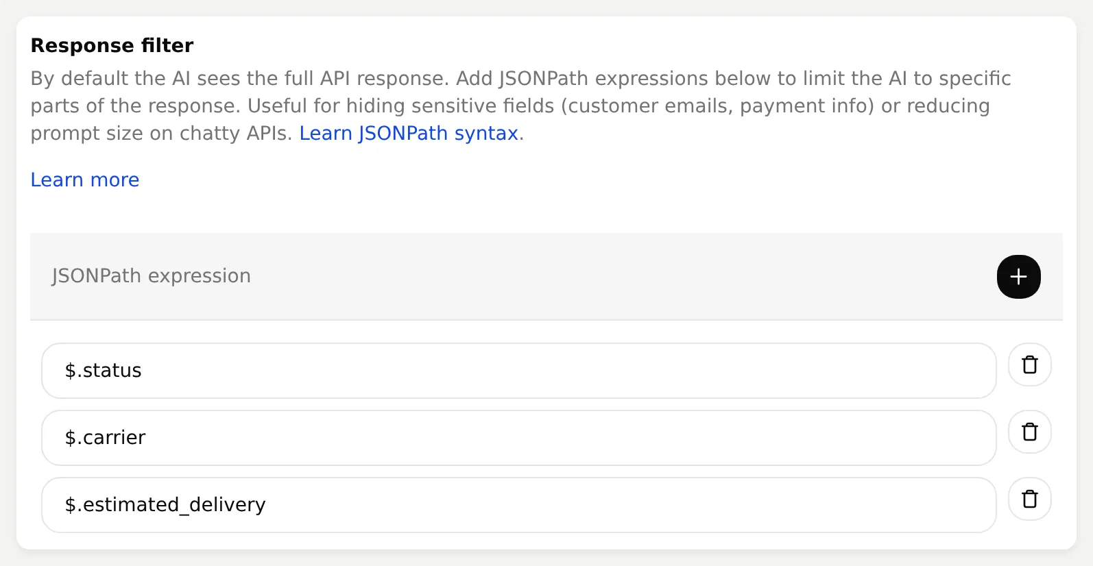 Quickchat AI Action response filter showing the status, carrier and estimated_delivery JSONPath expressions