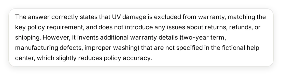 Quickchat AI evaluator tooltip incorrectly calling documented warranty details invented because its criteria lacked those reference facts