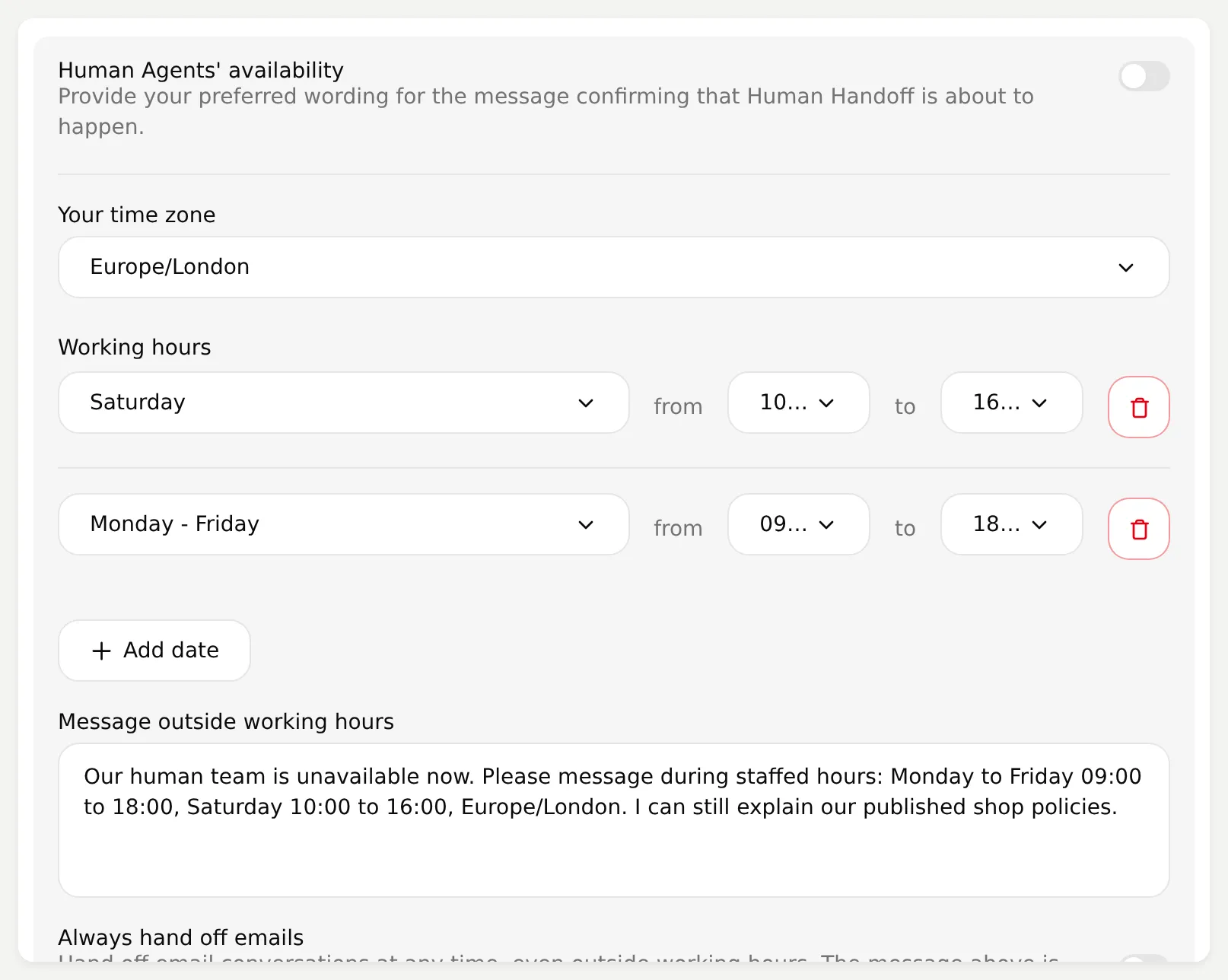 Quickchat AI Human Handoff availability settings and outside-hours message field