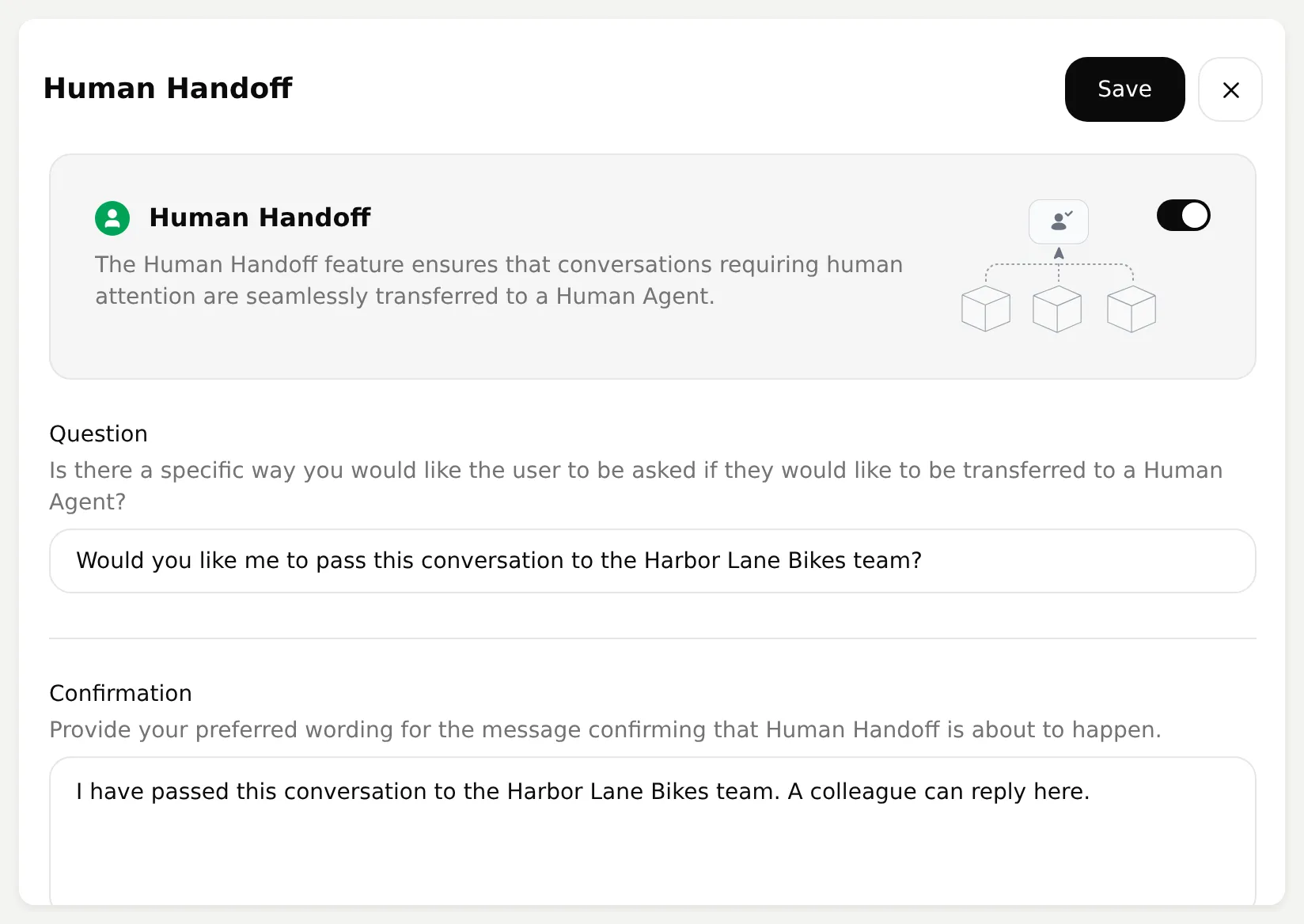Quickchat AI Human Handoff editor with the Harbor Lane Bikes question and confirmation messages