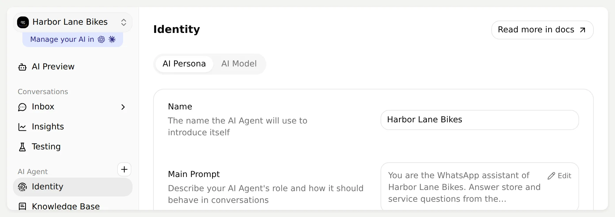 Quickchat AI Identity page with Harbor Lane Bikes as the Agent name