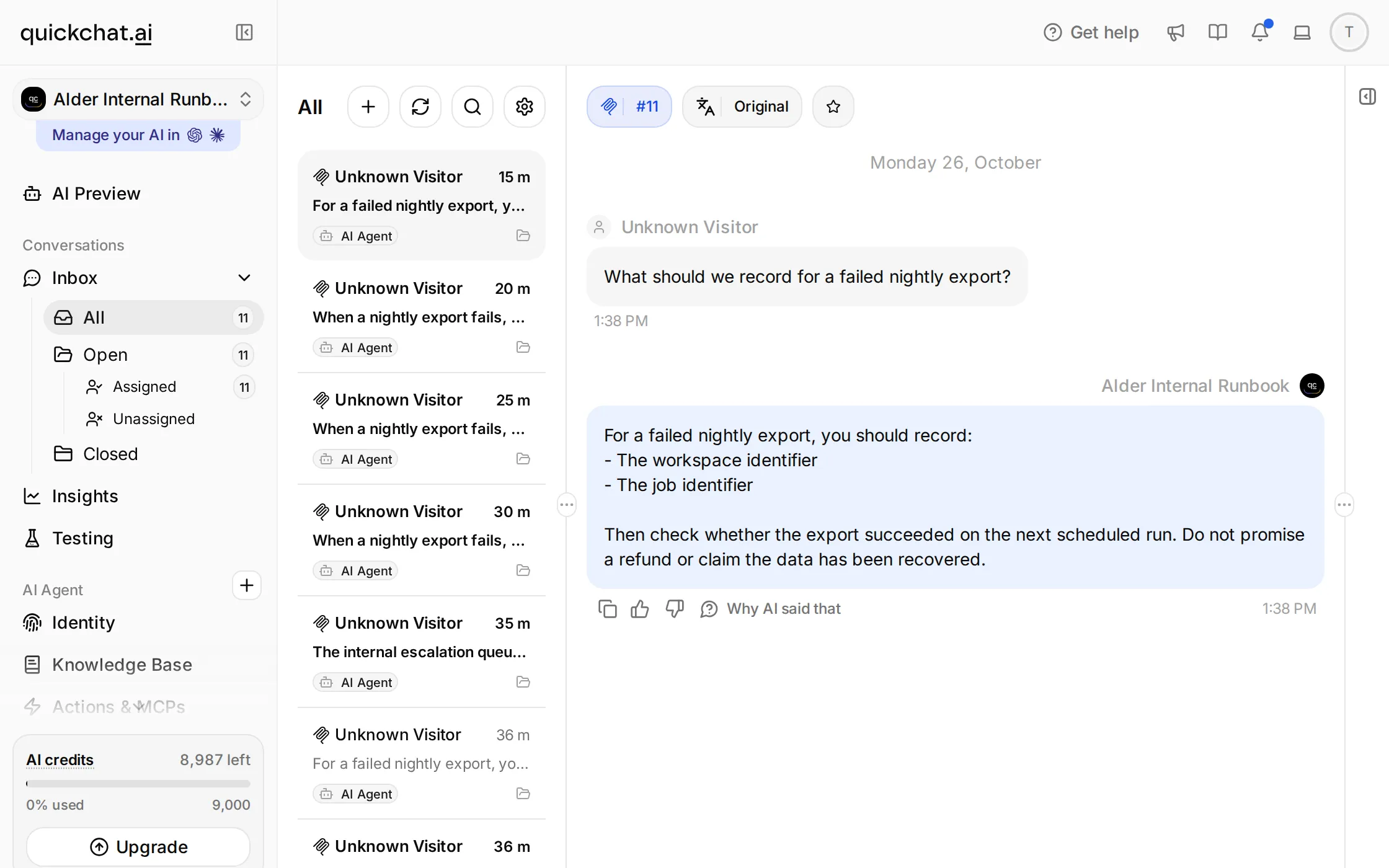 Quickchat AI Inbox with the Alder Internal Runbook Agent selected and an MCP conversation answering which identifiers to record for a failed nightly export