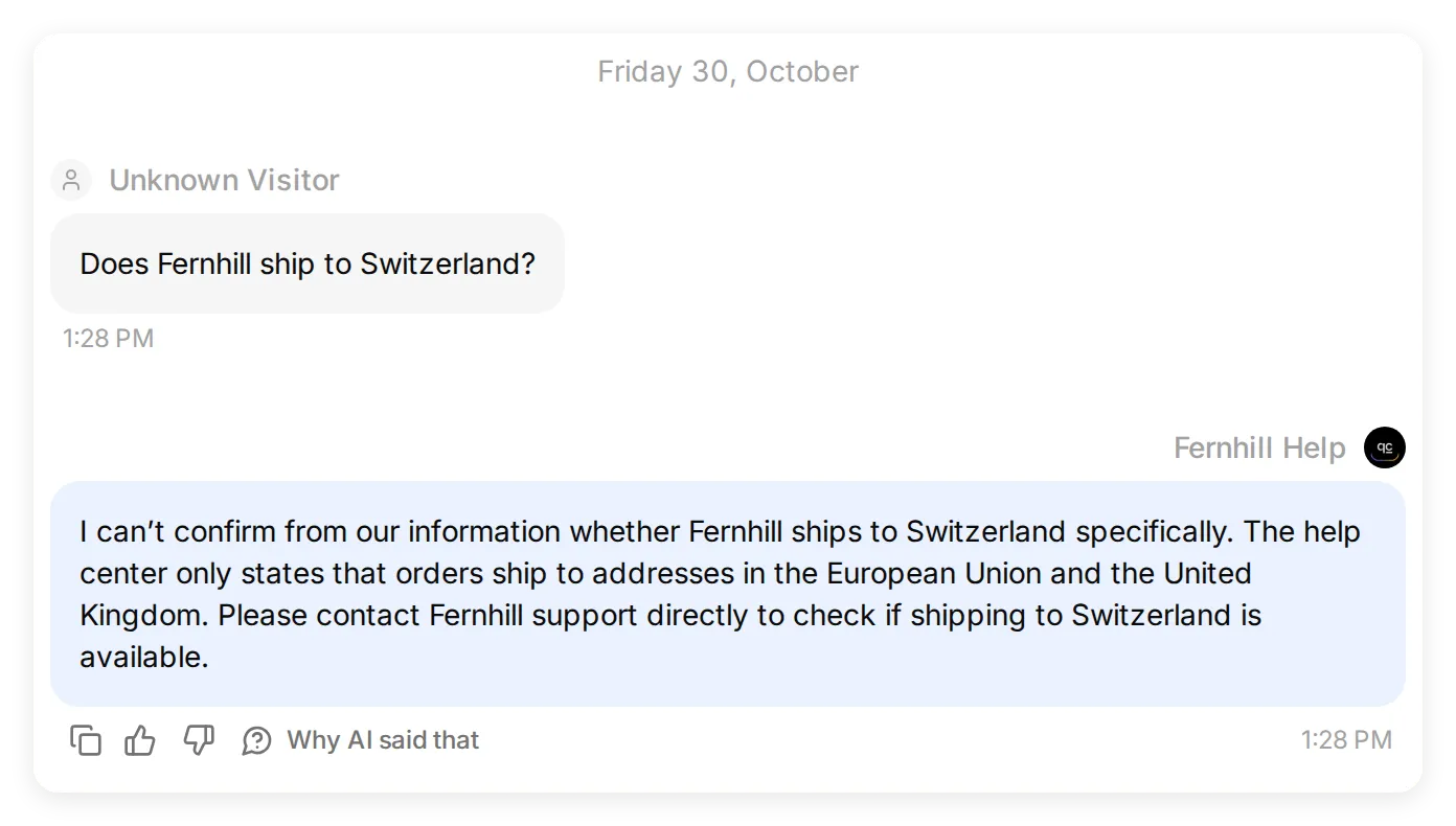Quickchat AI conversation where Fernhill Help says it cannot confirm shipping to Switzerland and suggests contacting support