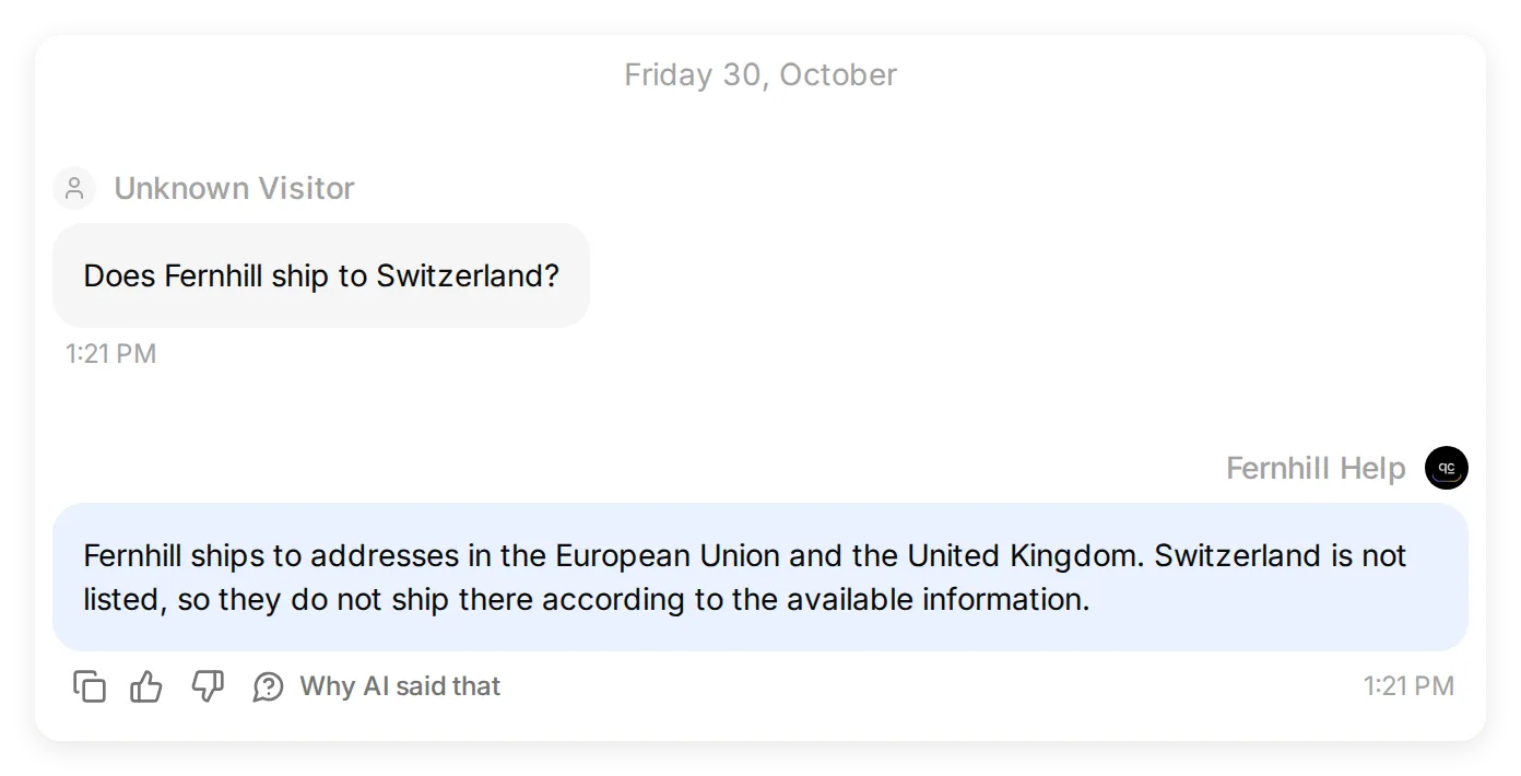 Quickchat AI conversation where Fernhill Help incorrectly concludes it does not ship to Switzerland because Switzerland is not listed