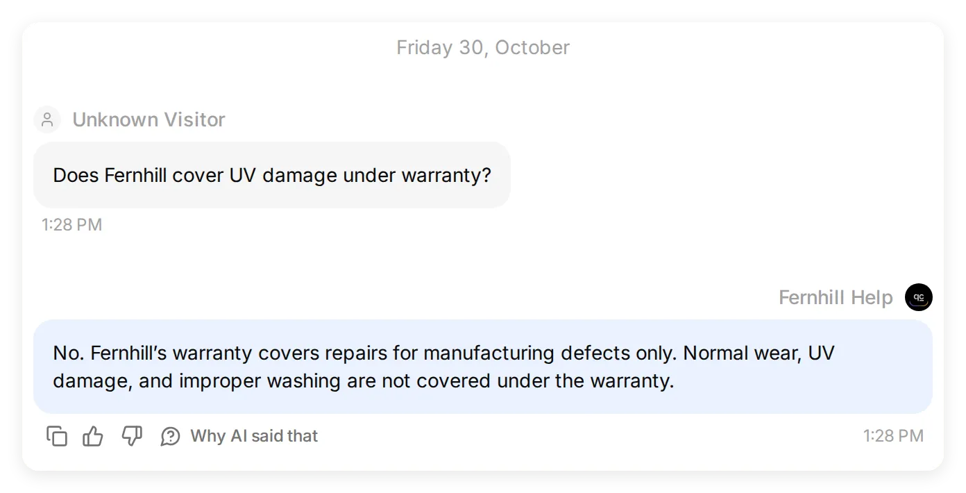 Quickchat AI conversation where Fernhill Help explains that UV damage is excluded from its warranty