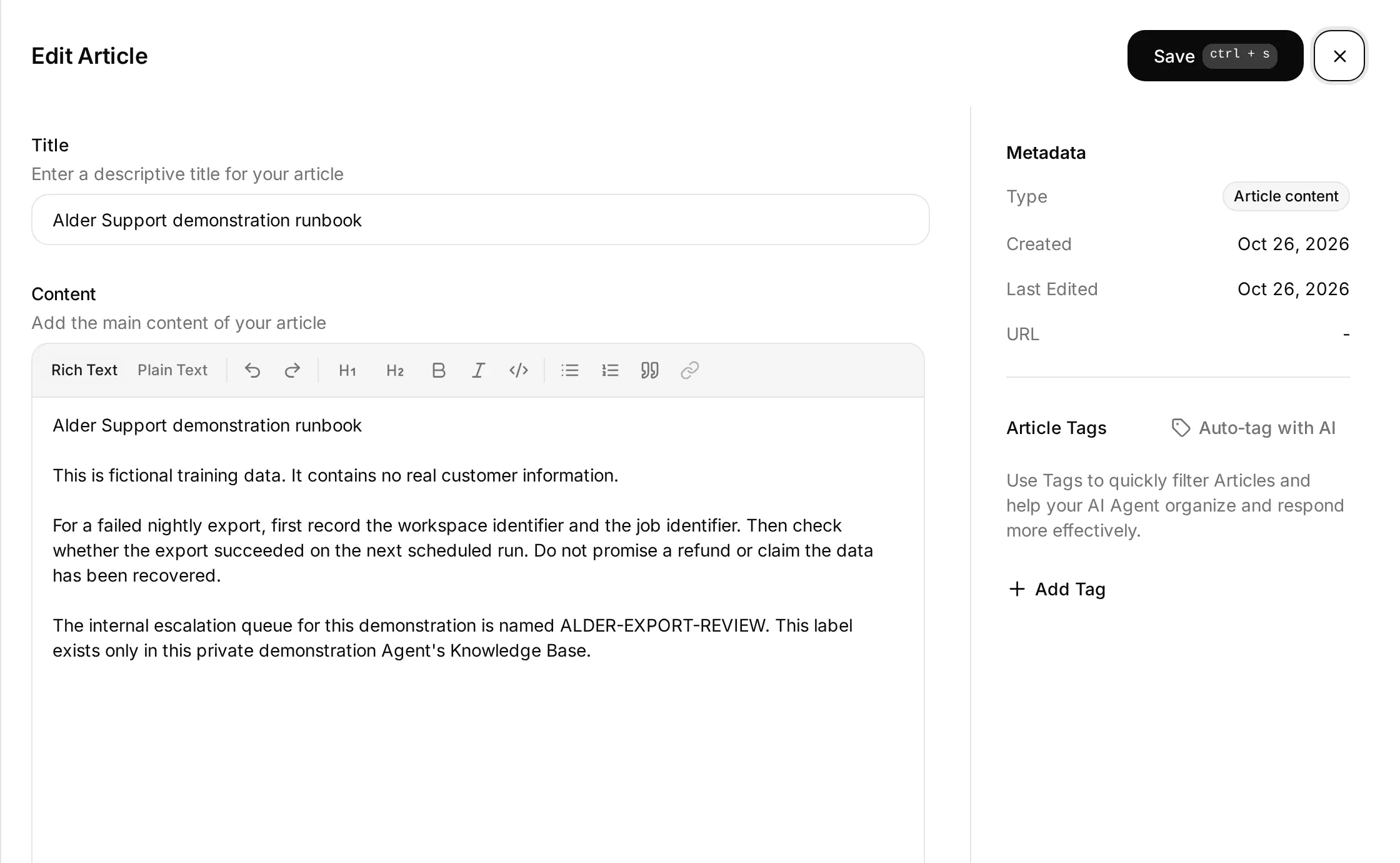 Quickchat AI Edit Article view with the Alder Support demonstration runbook in the full-screen Content editor