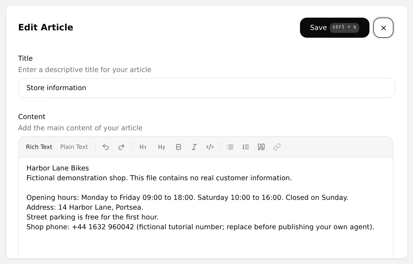 Quickchat AI Edit Article screen with the Harbor Lane Bikes store information in Content