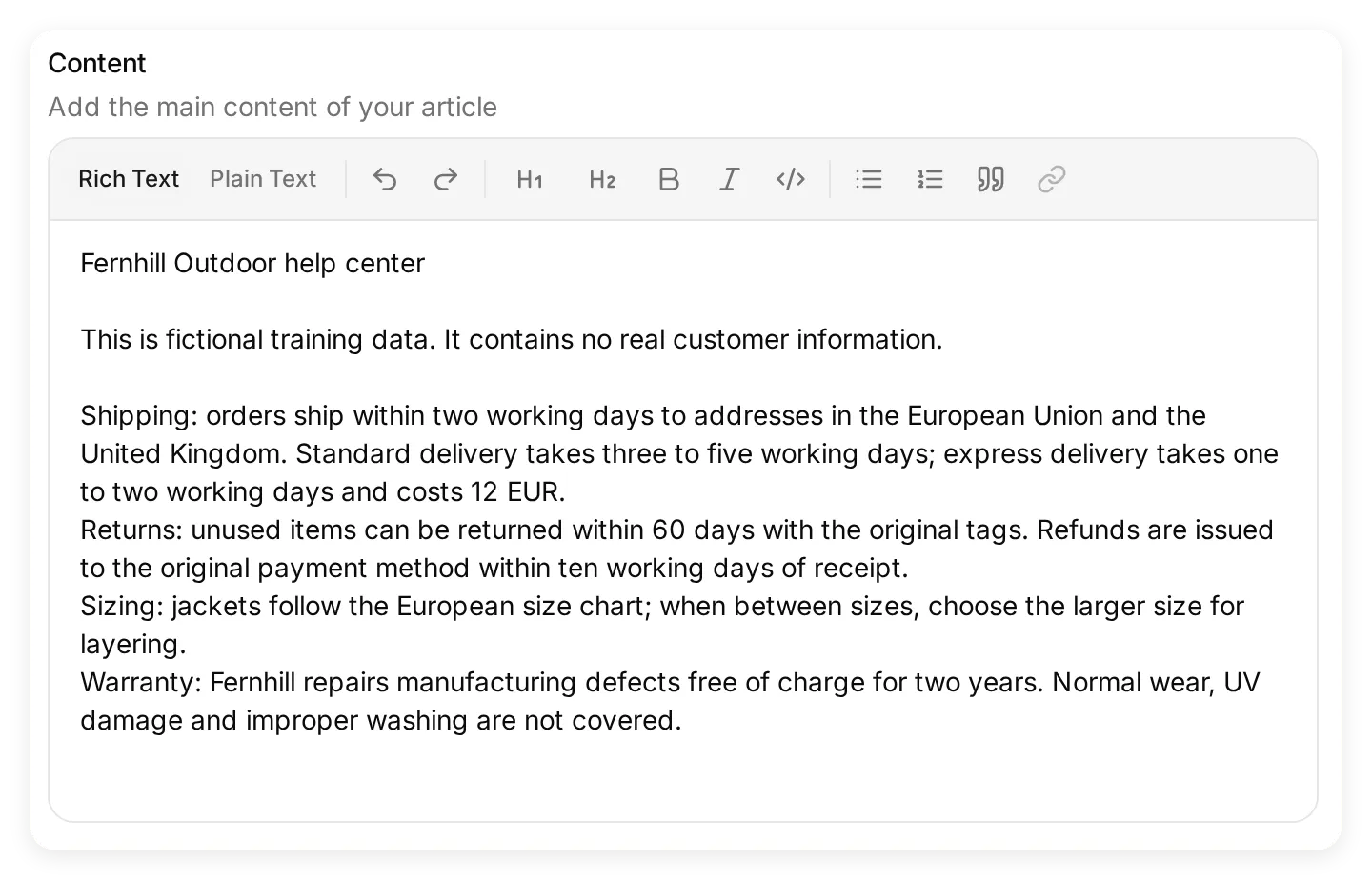 Quickchat AI Edit Article panel with the fictional Fernhill Outdoor help-center text in Content