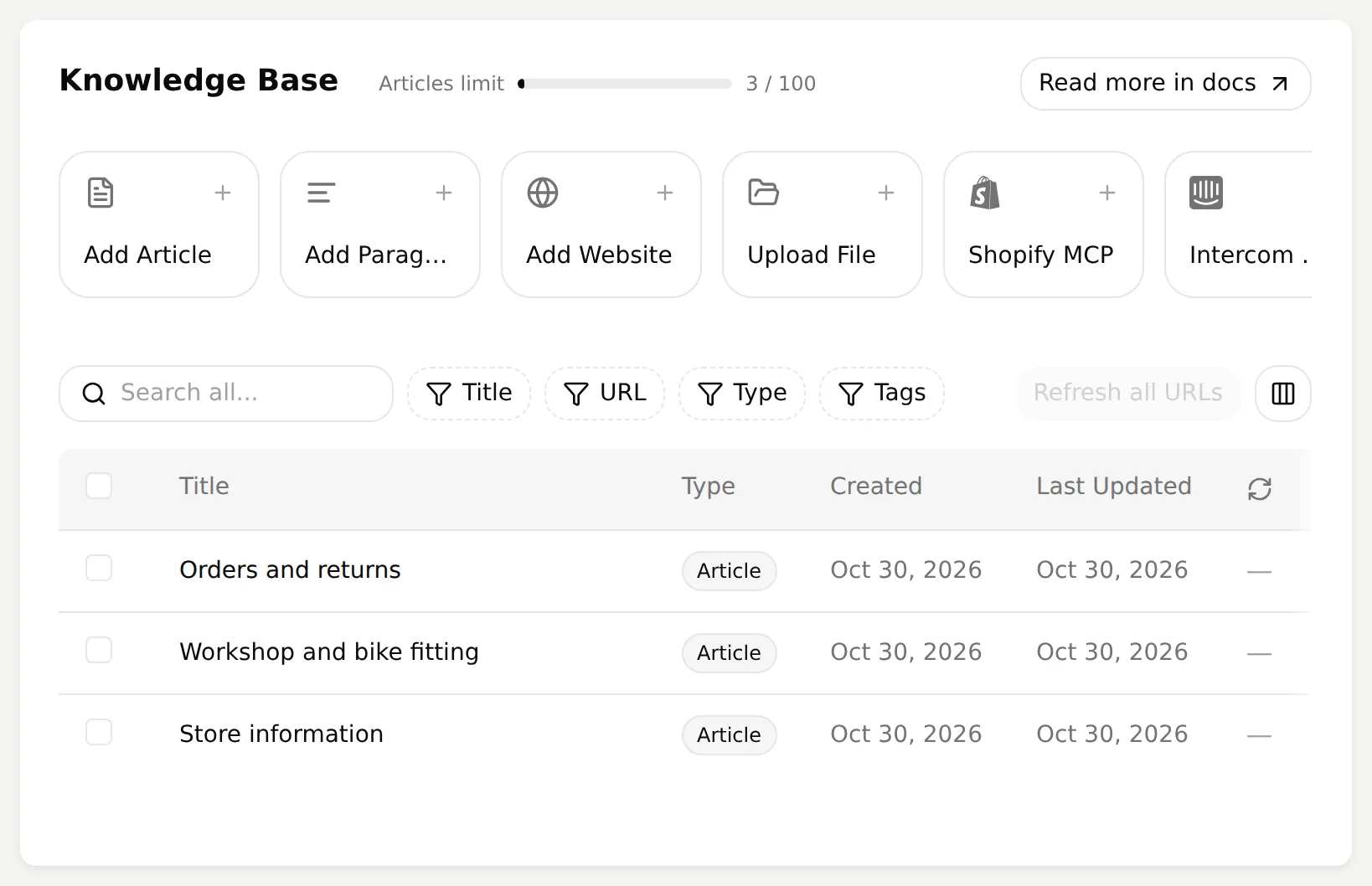 Quickchat AI Knowledge Base listing the three Harbor Lane Bikes articles with Ready status