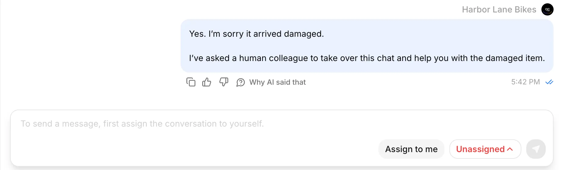 Quickchat AI Inbox showing the handoff confirmation, Unassigned status and Assign to me control