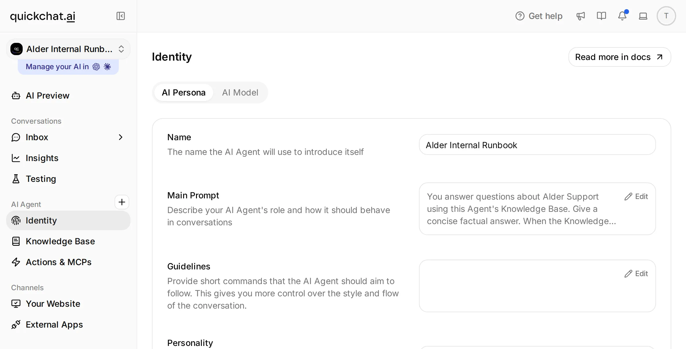 Quickchat AI Identity page showing the Alder Internal Runbook name and the Main Prompt, with the Agent navigation visible
