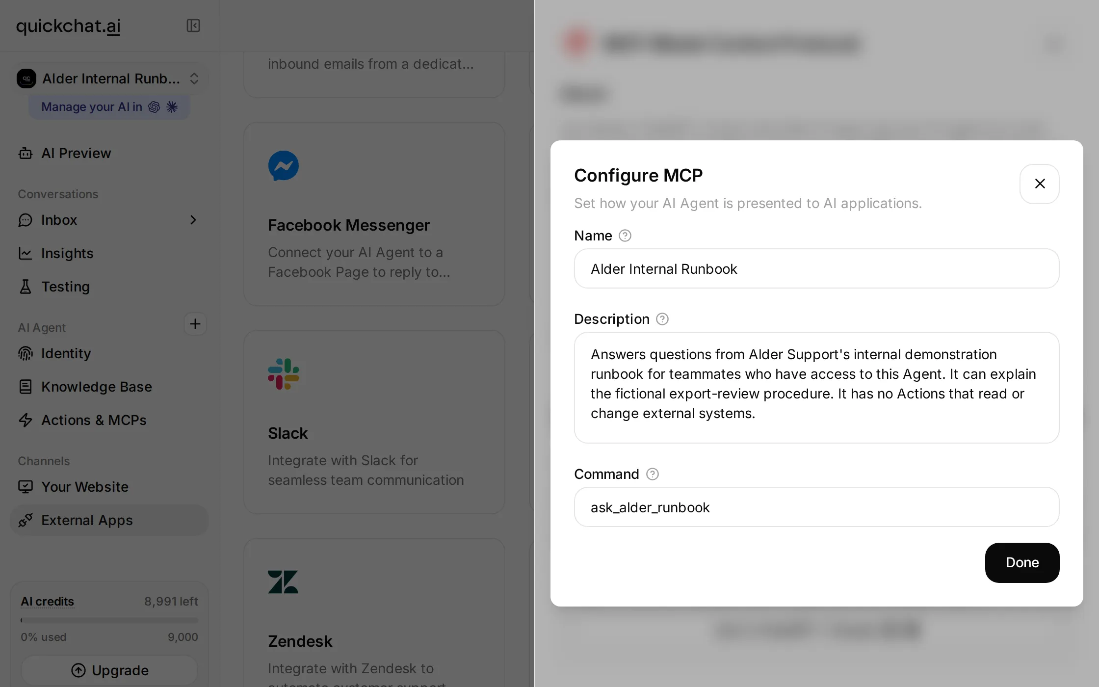 Configure MCP dialog showing the Alder Internal Runbook name, its complete tool description and ask_alder_runbook command