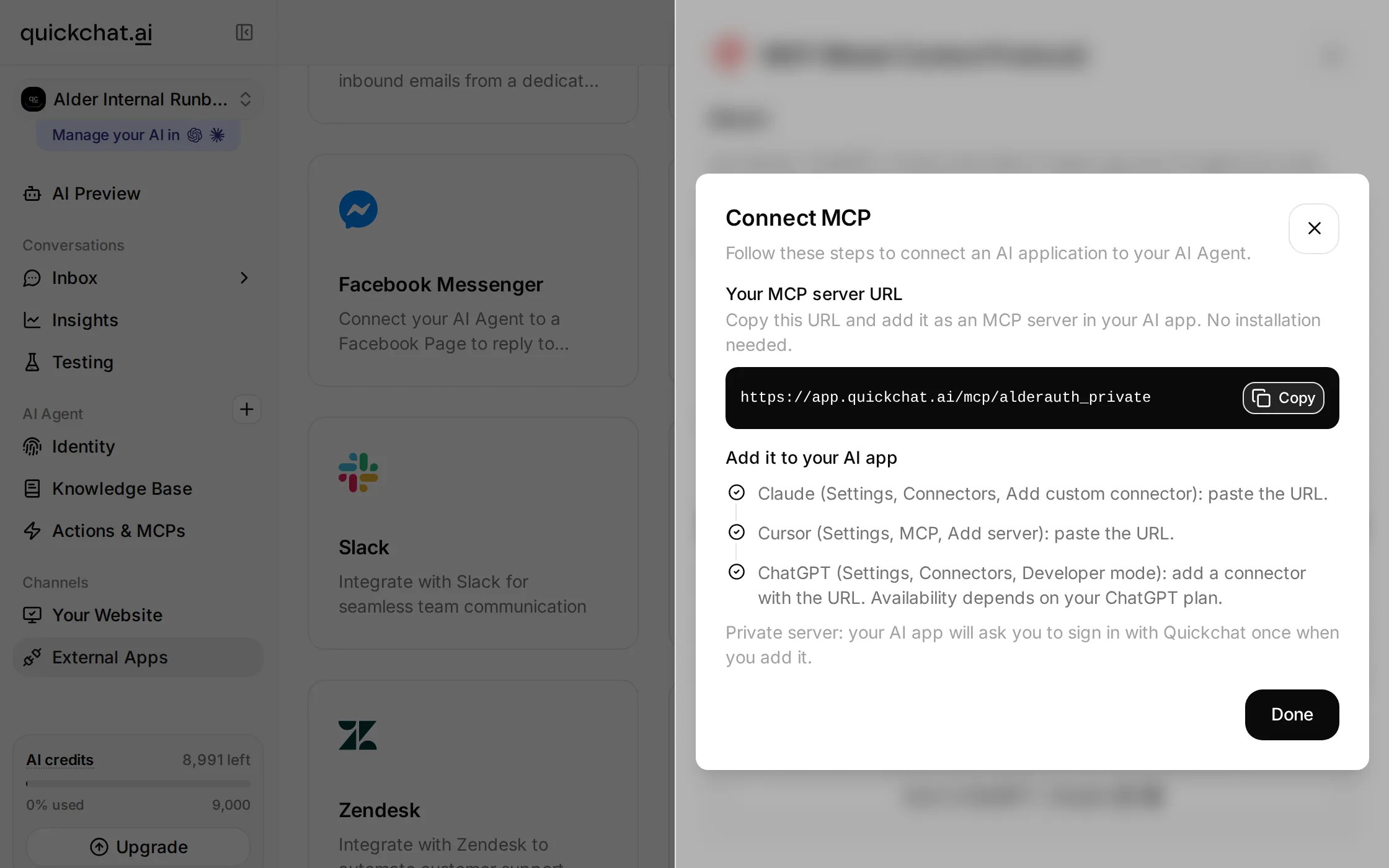 Quickchat AI Connect MCP dialog showing the hosted per-Agent URL and the note that a private connection requires Quickchat AI sign-in