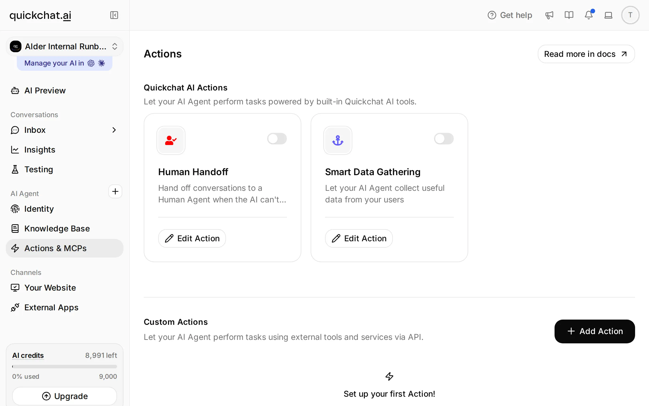 Quickchat AI Actions page showing no configured Custom Actions, with Actions & MCPs selected in the sidebar