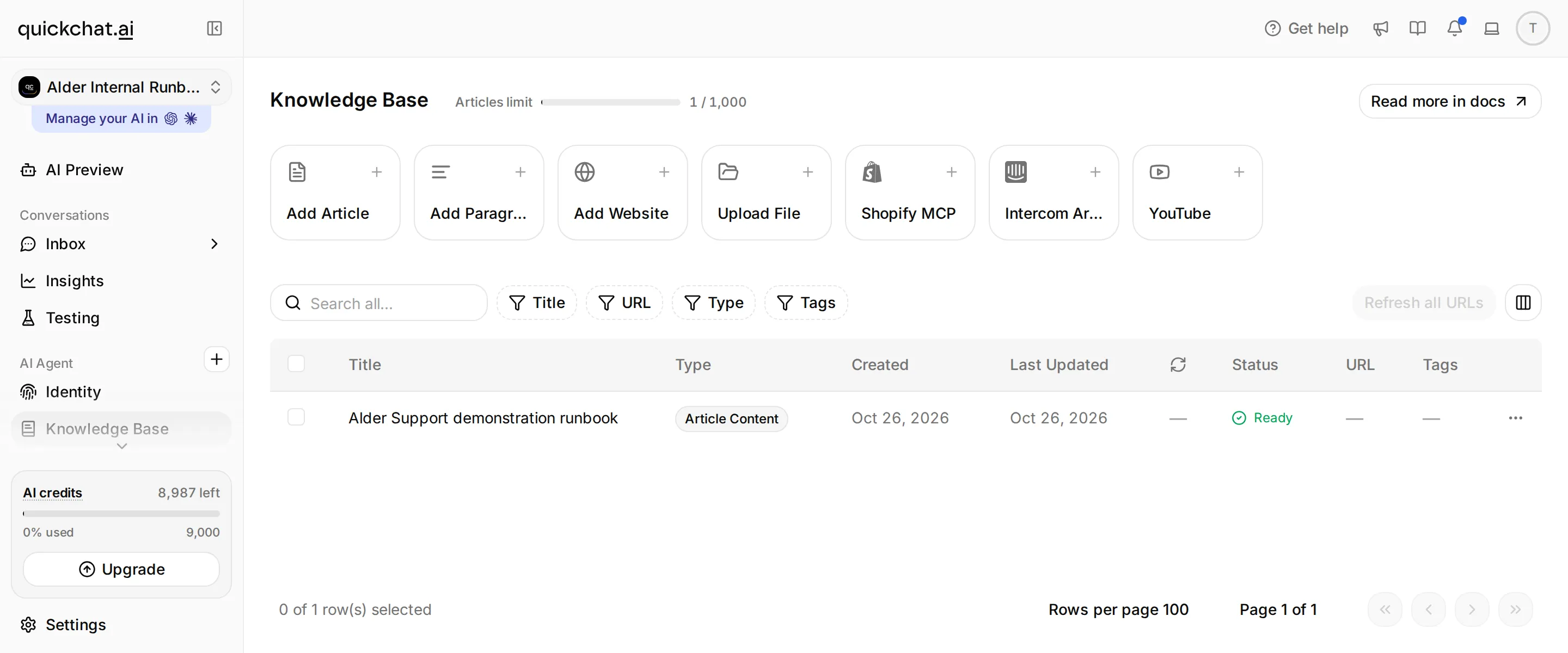 Quickchat AI Knowledge Base listing one Alder Support demonstration runbook article with Ready status
